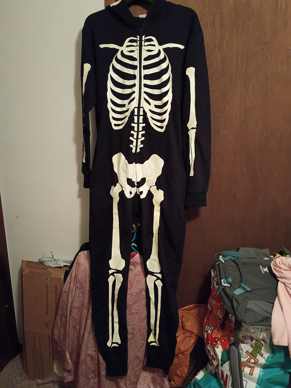 Adult M Black Skeleton Costume Hoodie Onesie - Glow Bone Print